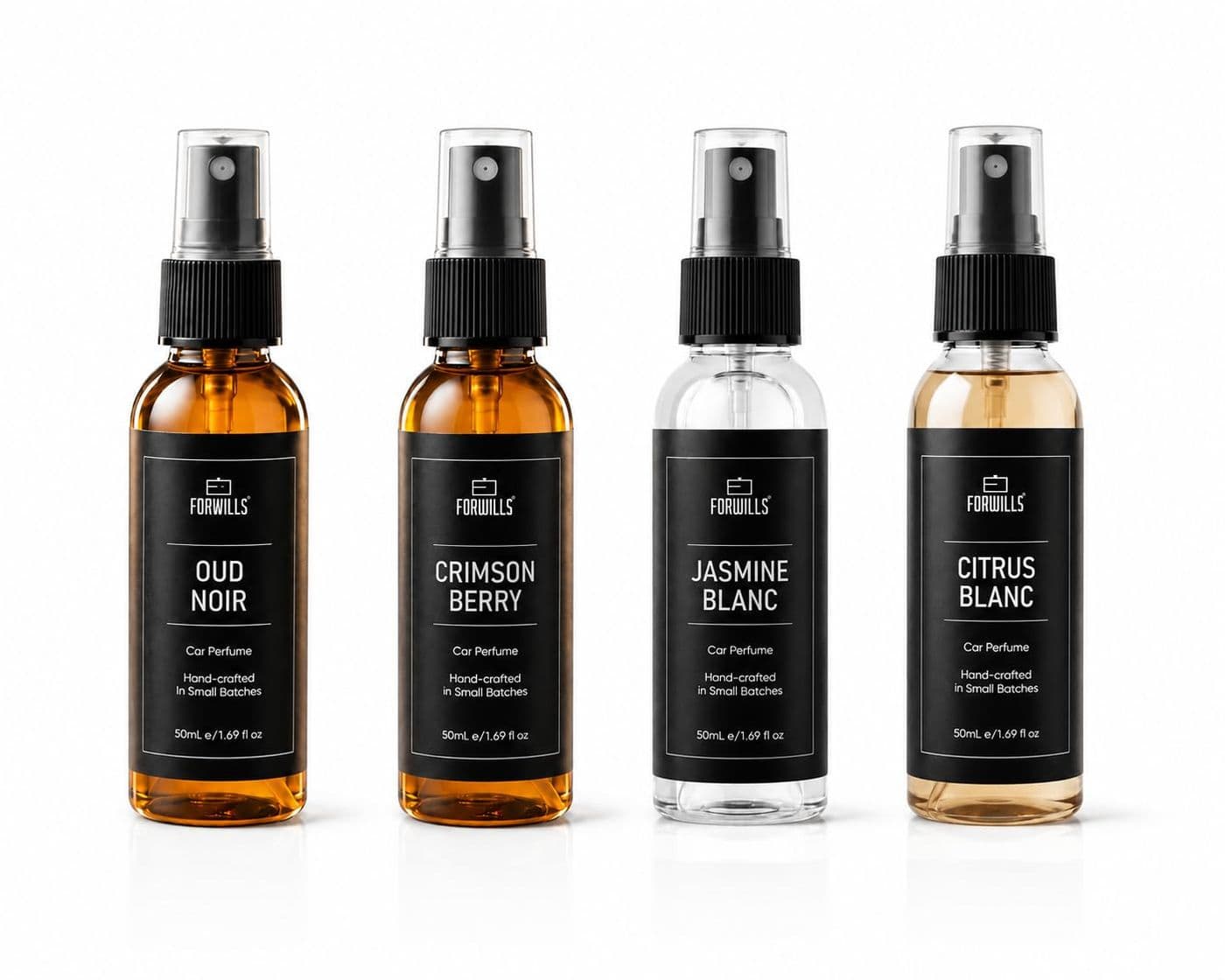 Forwills Car Perfume Spray Pack of 4 (Oud Noir, Crimson Berry, Jasmine Blanc, Citrus Blanc), 50 ml each